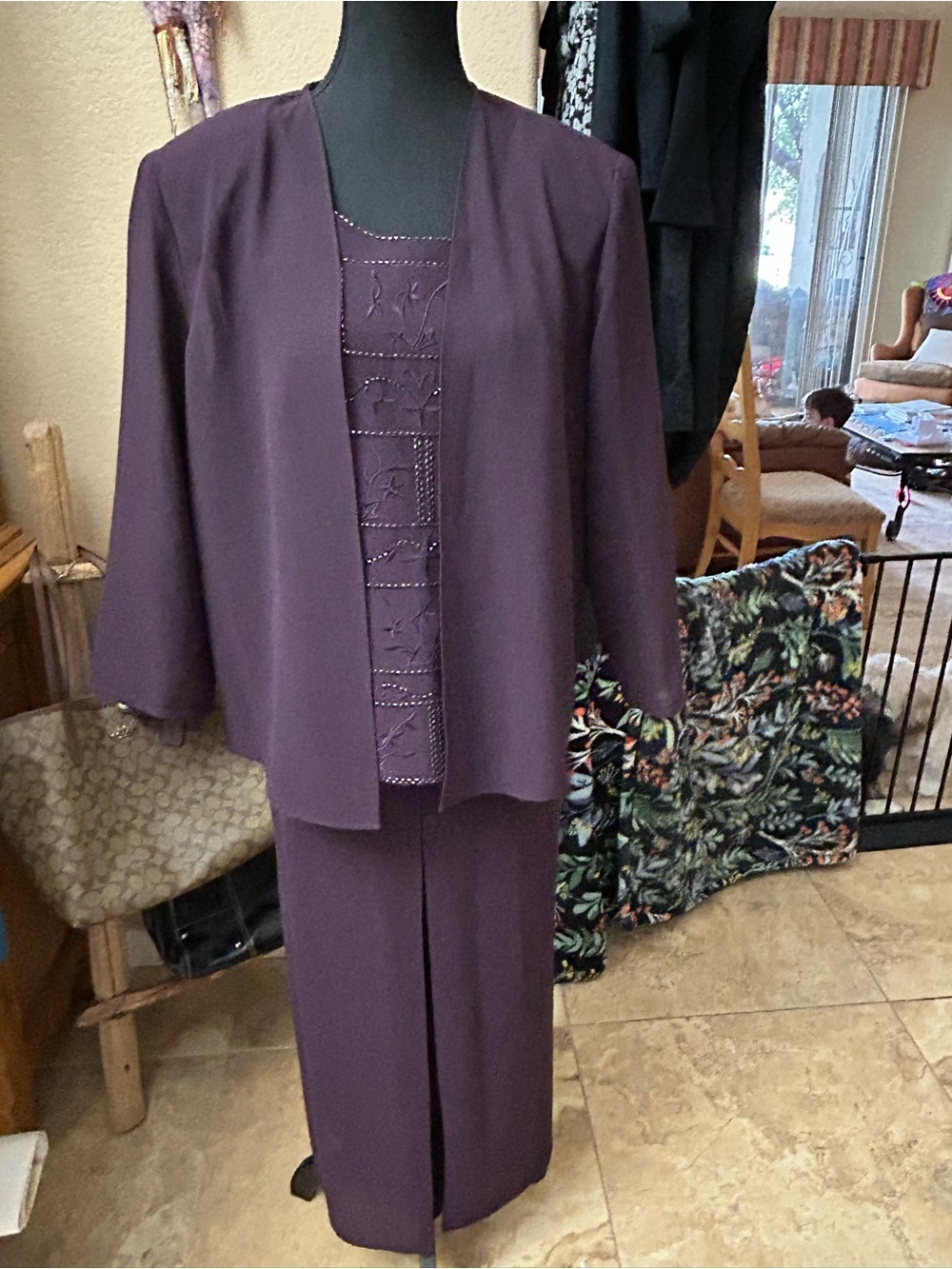 R&M Richards Plum Three-Piece Pantsuit with Embellished Shell